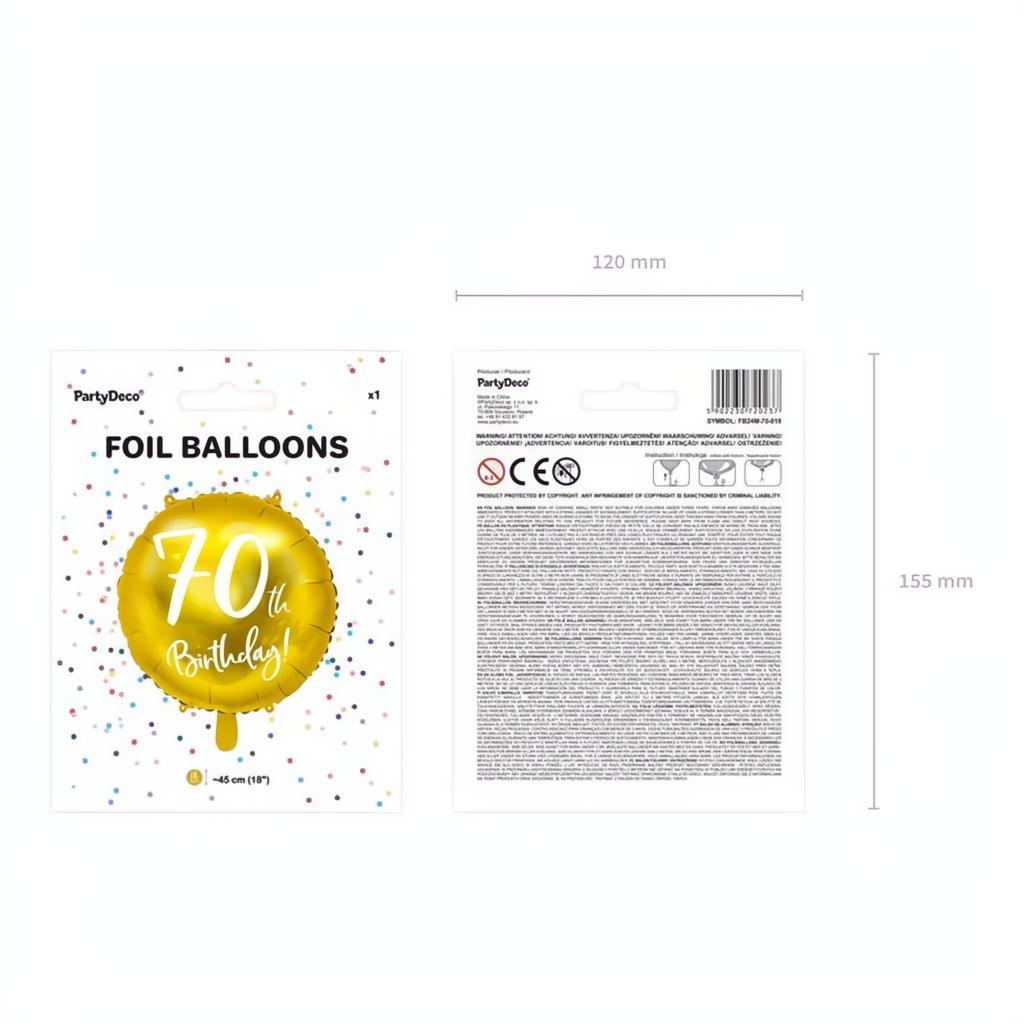 Folienballon 70th Birthday, gold, 45cm PartyDeco 5