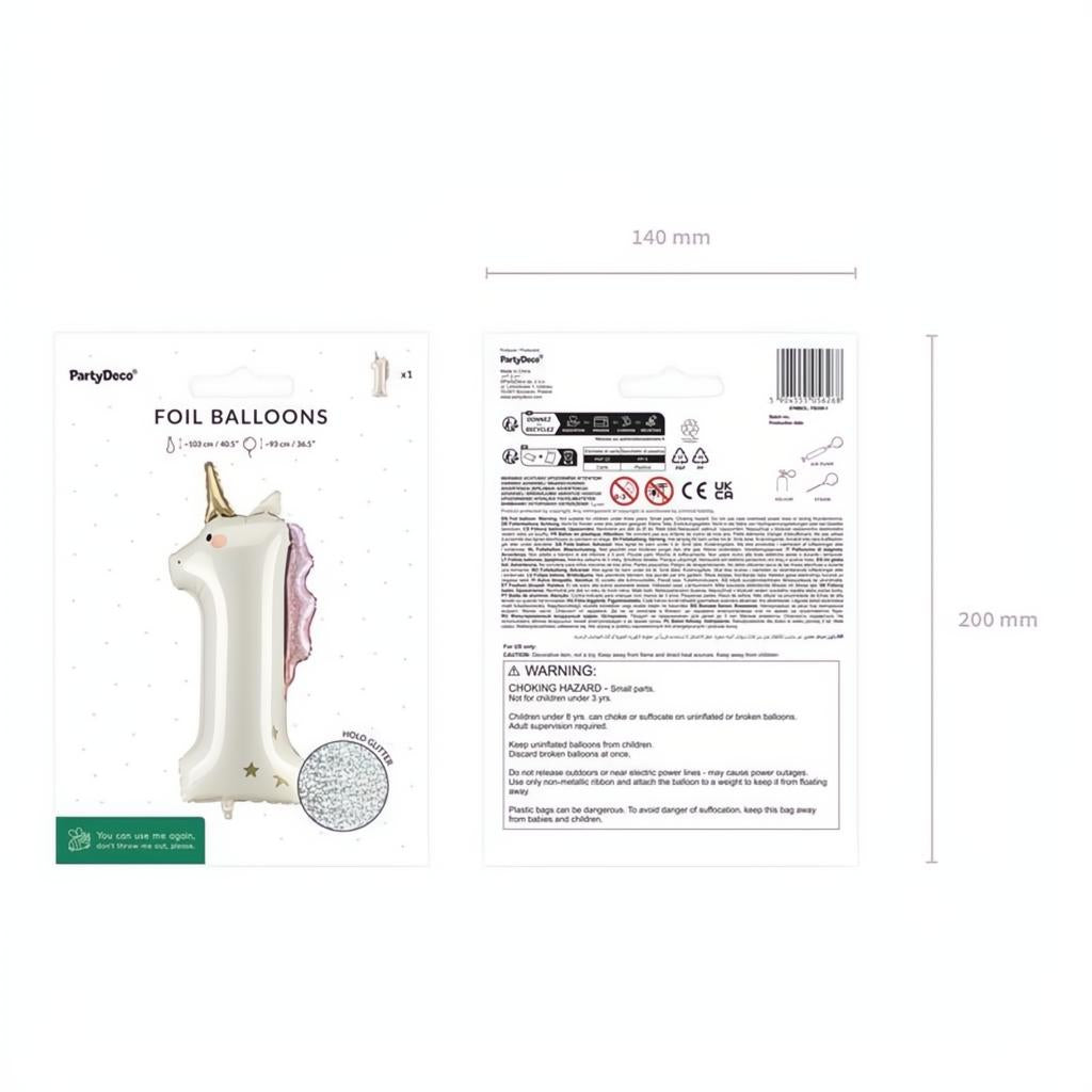 Folienballon Zahl ''1'' Einhorn, 93 cm PartyDeco 4
