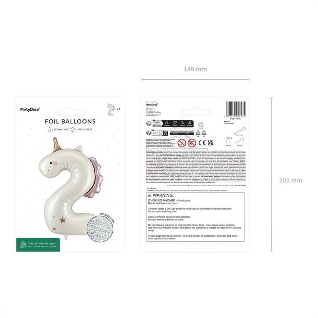 Folienballon Zahl ''2'' Einhorn, 93 cm PartyDeco 4