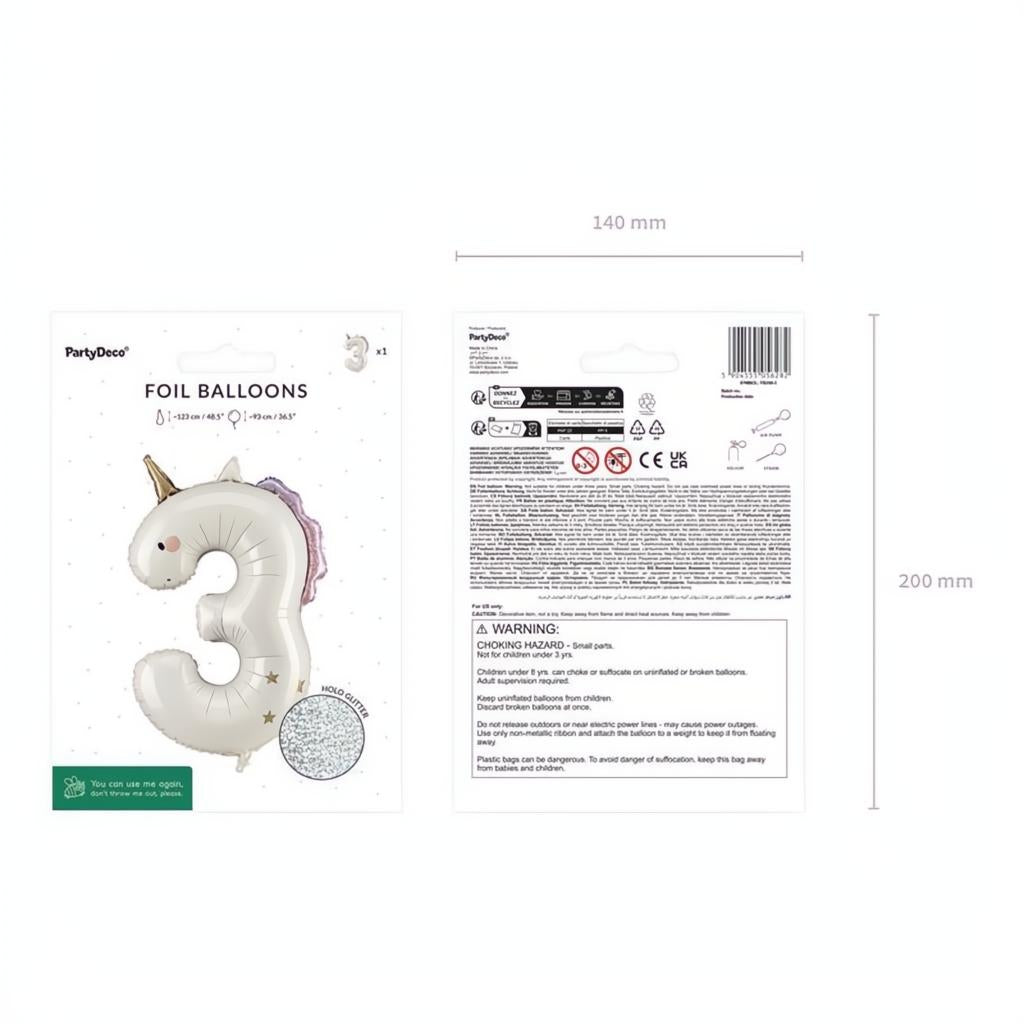 Folienballon Zahl ''3'' Einhorn, 93 cm PartyDeco 4