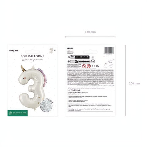 Folienballon Zahl ''3'' Einhorn, 93 cm PartyDeco 4