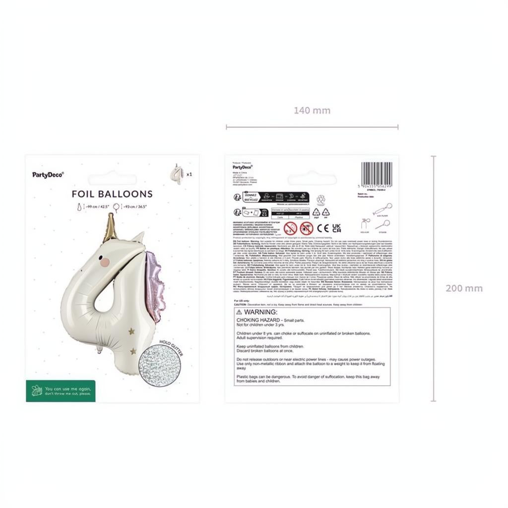 Folienballon Zahl ''4'' Einhorn, 93 cm PartyDeco 3