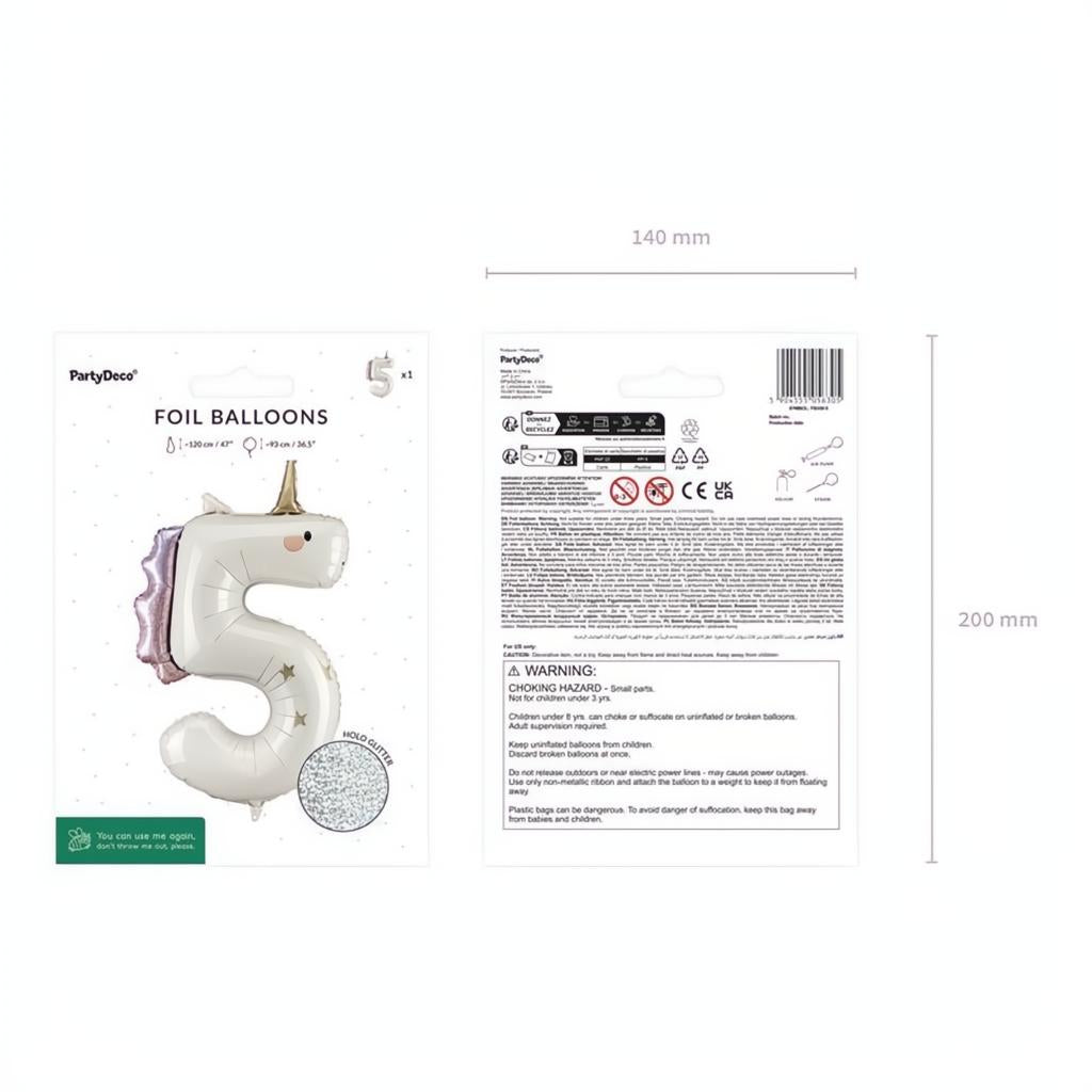 Folienballon Zahl ''5'' Einhorn, 93 cm PartyDeco 3