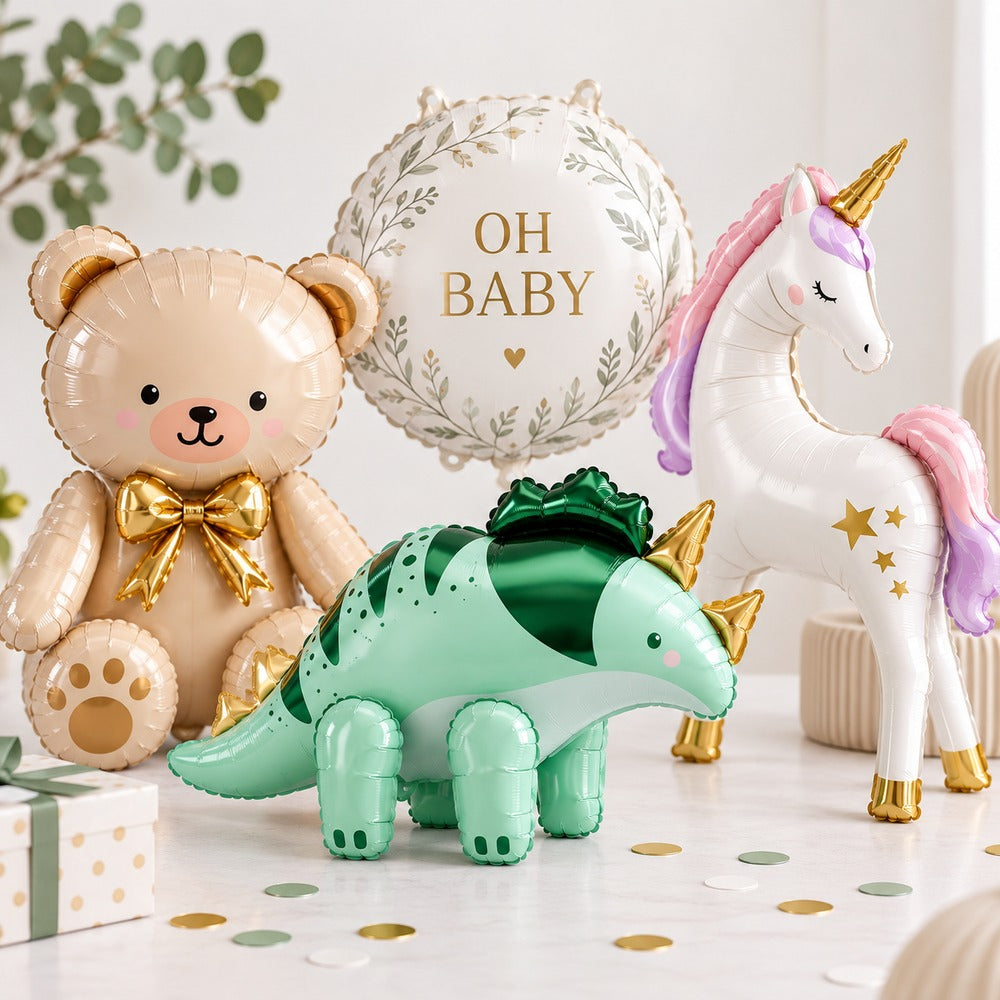 Folienballons mit Teddy, Dinosaurier, Einhorn und Oh Baby Motiv