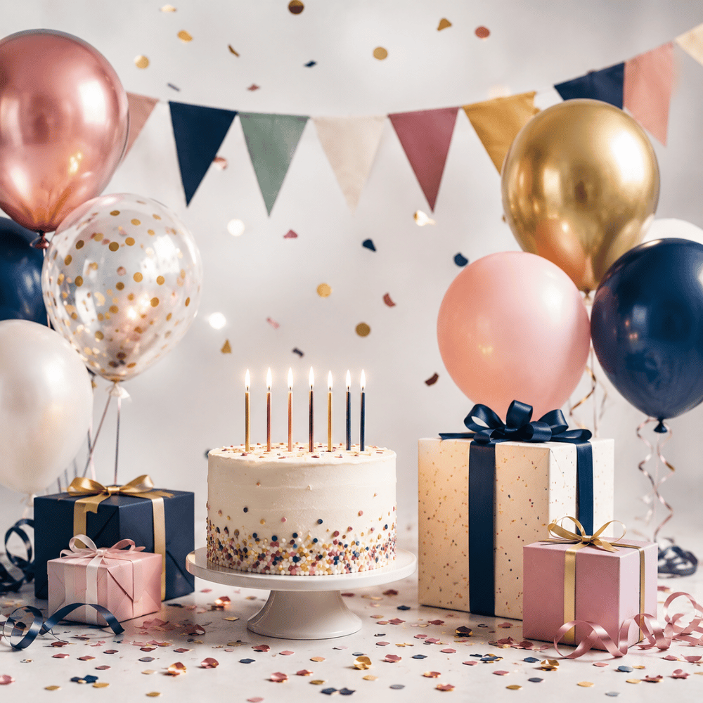 Moderne Geburtstagsdekoration mit Ballons, Geschenken, Konfetti und Geburtstagstorte – festliches Symbolbild für Kinder- und Erwachsenen-Geburtstage.