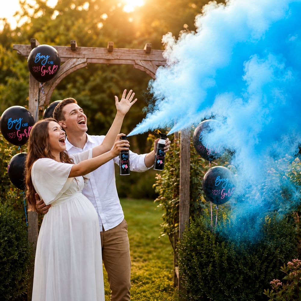 Gender Reveal mit blauem Rauch – glückliches Paar feiert die Bekanntgabe eines Jungen im Garten