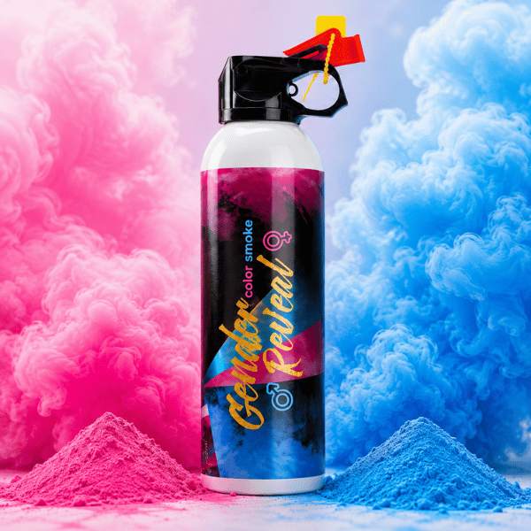 Gender Reveal Feuerlöscher mit pinkem und blauem Farbspray für spektakuläre Baby Reveal Partys, Fotoshootings und unvergessliche Überraschungsmomente.