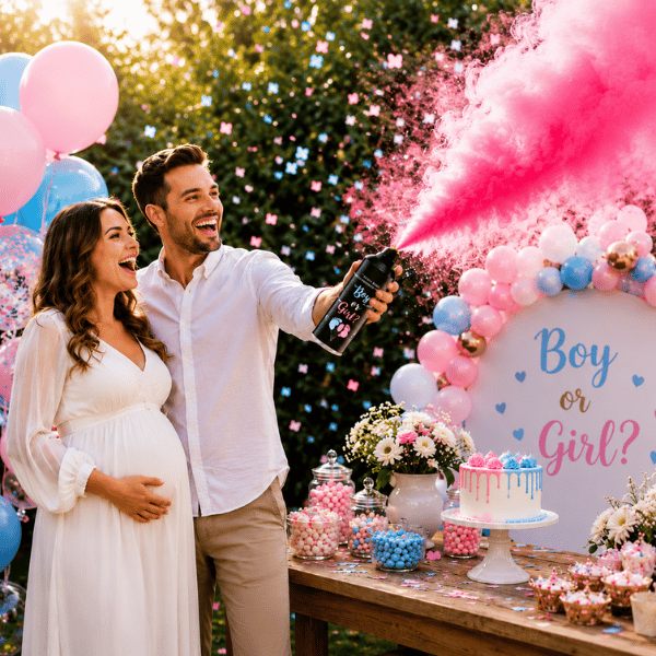 Glückliches Paar bei einer Gender Reveal Party mit Feuerlöscher-Farbspray, pinkem Rauch, Ballondekoration und festlicher Candy Bar für einen unvergesslichen Überraschungsmoment.