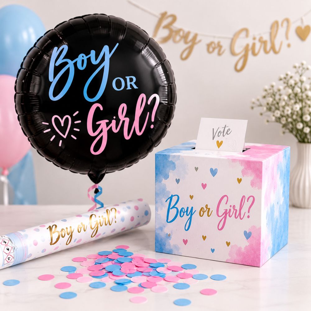 Gender Reveal Partydekoration mit Boy or Girl Ballon, Abstimmungsbox und Konfettikanone