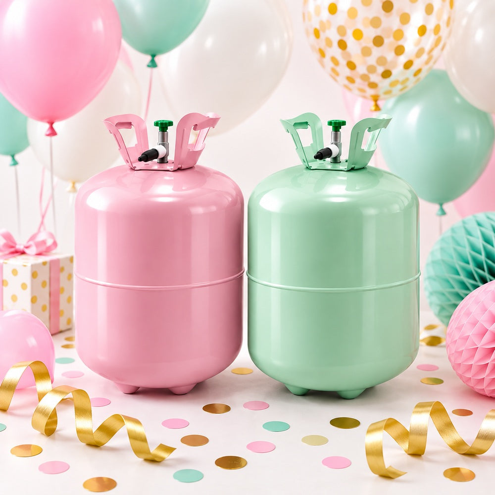 Helium und Ballongas mit rosa und grüner Heliumflasche für Luftballons