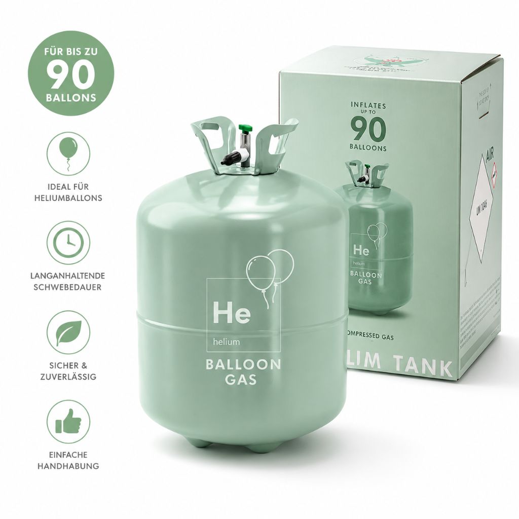 Heliumflasche für bis zu 90 Ballons mit passendem Versandkarton auf weissem Hintergrund – Einweg-Heliumtank zum Befüllen von Latex- und Folienballons.