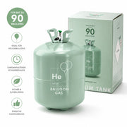 Heliumflasche für bis zu 90 Ballons mit passendem Versandkarton auf weissem Hintergrund – Einweg-Heliumtank zum Befüllen von Latex- und Folienballons.