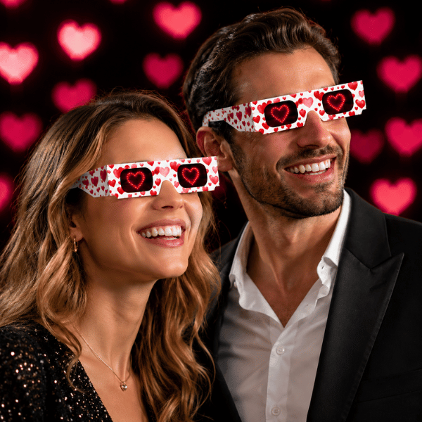 Modernes Paar mit Herzbrille und 3D-Herzeffekt für romantische Anlässe, Hochzeiten, Valentinstag und unvergessliche Partymomente.