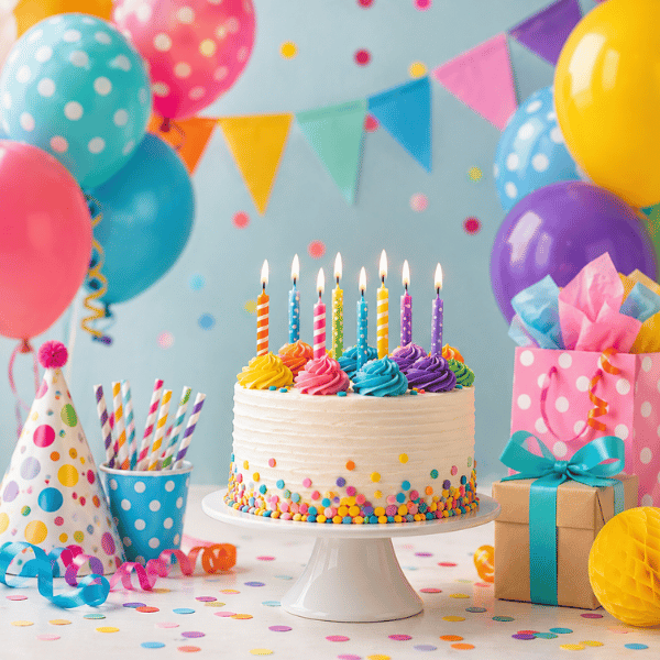 Fröhliche Kindergeburtstagsdekoration mit bunter Geburtstagstorte, Luftballons, Geschenken und Partyzubehör für eine unvergessliche Geburtstagsfeier.