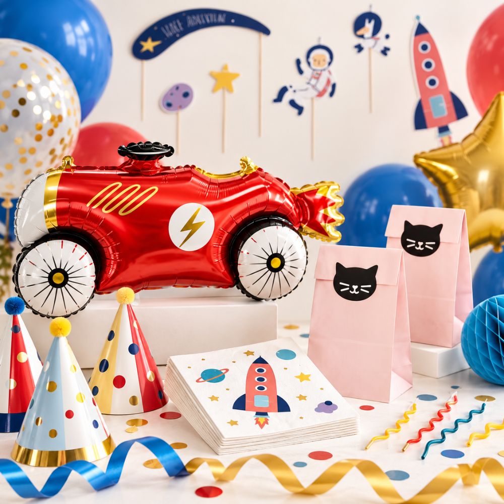 Kindergeburtstag Partydekoration mit Auto-Folienballon, Weltraum-Deko, Partyhüten und Geburtstagstisch