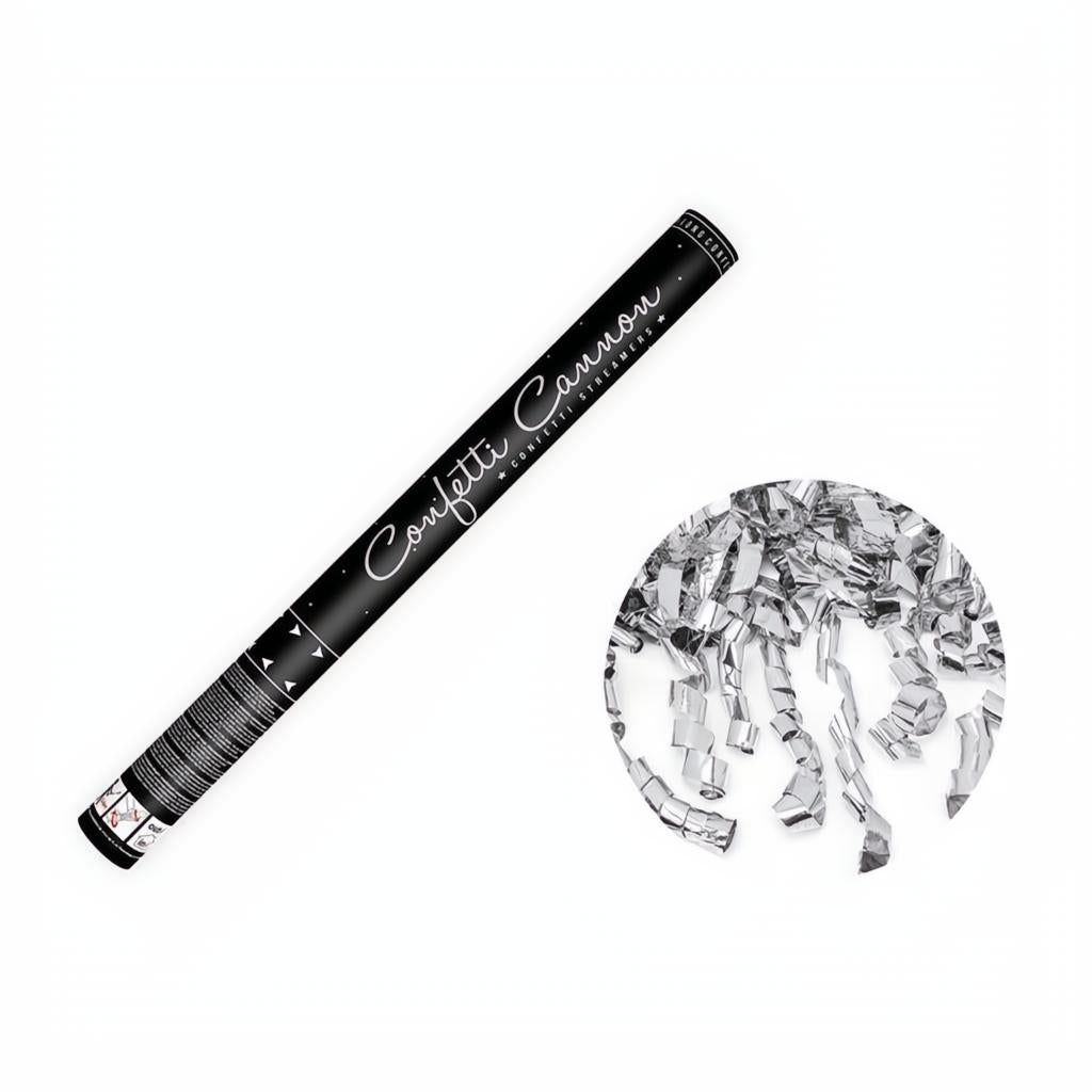 Konfettikanone mit Luftschlangen, silber, 60cm PartyDeco 1