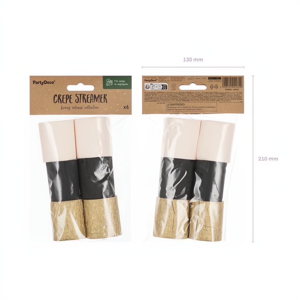 Krepppapier 5cm/10m, Set mit 6, Schwarz-Gold Mix PartyDeco 3