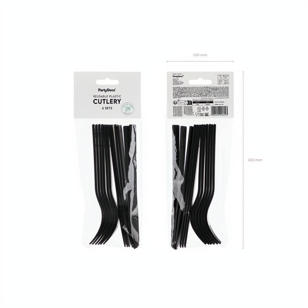 Kunststoffbesteck 6er Set, 18–18,5 cm, schwarz PartyDeco 6