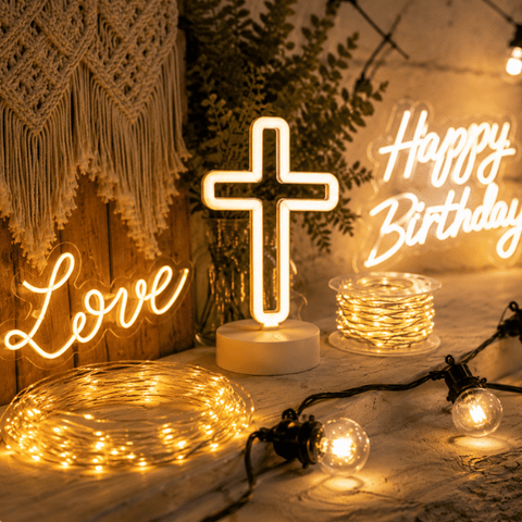 Stimmungsvolle LED-Dekoration mit warmweissen Lichterketten, Neonleuchten und dekorativer Beleuchtung für Geburtstage, Hochzeiten und festliche Anlässe.