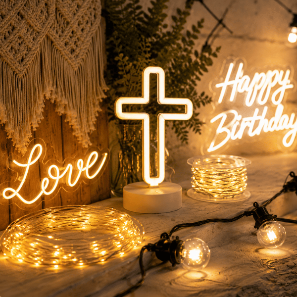 Stimmungsvolle LED-Dekoration mit warmweissen Lichterketten, Neonleuchten und dekorativer Beleuchtung für Geburtstage, Hochzeiten und festliche Anlässe.