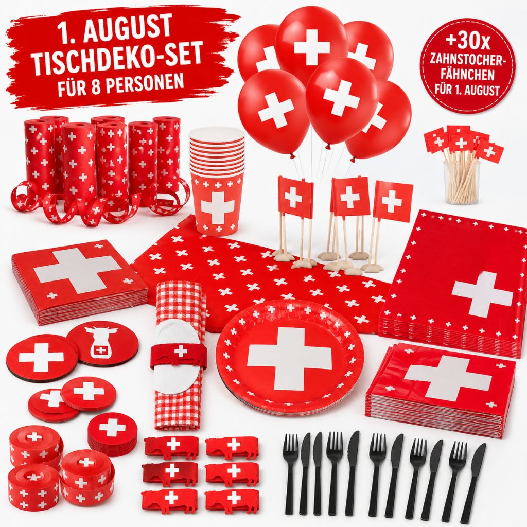 1. August Tischdeko-Set für 8 Personen – 128-teiliges Schweizer Deko-Bundle