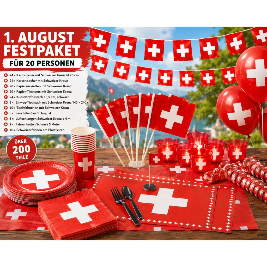 1. August Festpaket für 20 Personen – Grosses Schweizer Deko-Bundle