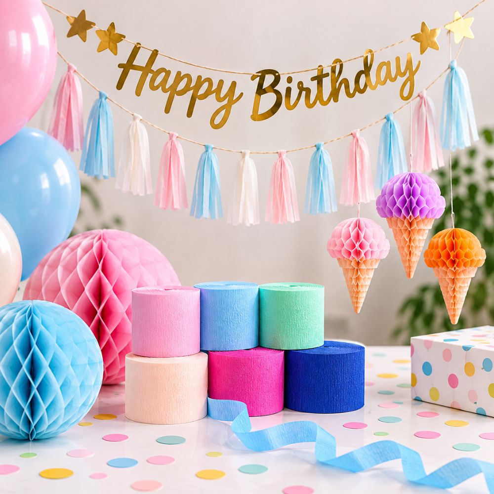 Bunte Raumdekoration mit Happy Birthday Girlande, Hängedekoration und Krepppapier für Partys