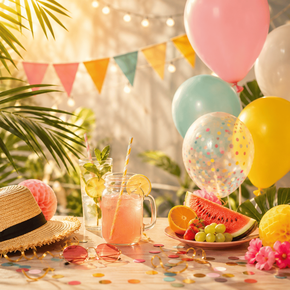 Moderne Sommerparty mit farbenfrohen Ballons, tropischer Dekoration, erfrischenden Getränken, Früchten und festlichen Partyaccessoires – stilvolles Symbolbild für Sommerfeste und Gartenpartys.