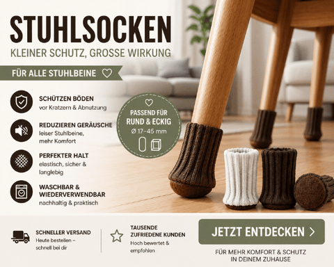 Mobile Werbegrafik für Stuhlsocken mit elastischen Möbelsocken für Stuhlbeine. Schützt Parkett, Laminat und Fliesen vor Kratzern, reduziert Geräusche und passt auf runde sowie eckige Stuhlbeine mit Ø 17–45 mm.