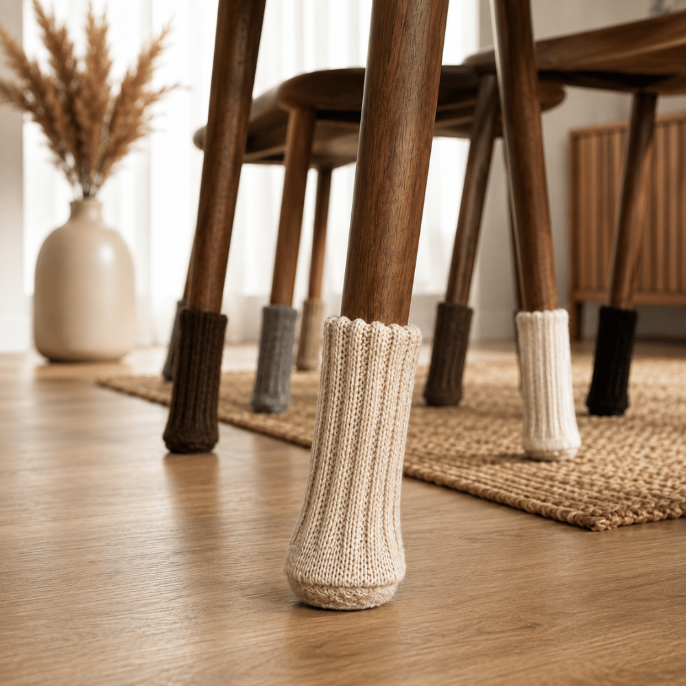 Premium Stuhlsocken aus Strick an Holzstuhlbeinen schützen Parkett und andere Böden vor Kratzern und reduzieren Geräusche beim Verschieben von Stühlen.