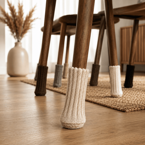 Premium Stuhlsocken aus Strick an Holzstuhlbeinen schützen Parkett und andere Böden vor Kratzern und reduzieren Geräusche beim Verschieben von Stühlen.