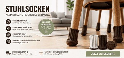 Stuhlsocken für Stuhlbeine schützen Parkett, Laminat und Fliesen vor Kratzern, reduzieren Geräusche und sorgen für einen sicheren Halt – jetzt bei Clickfinger entdecken.